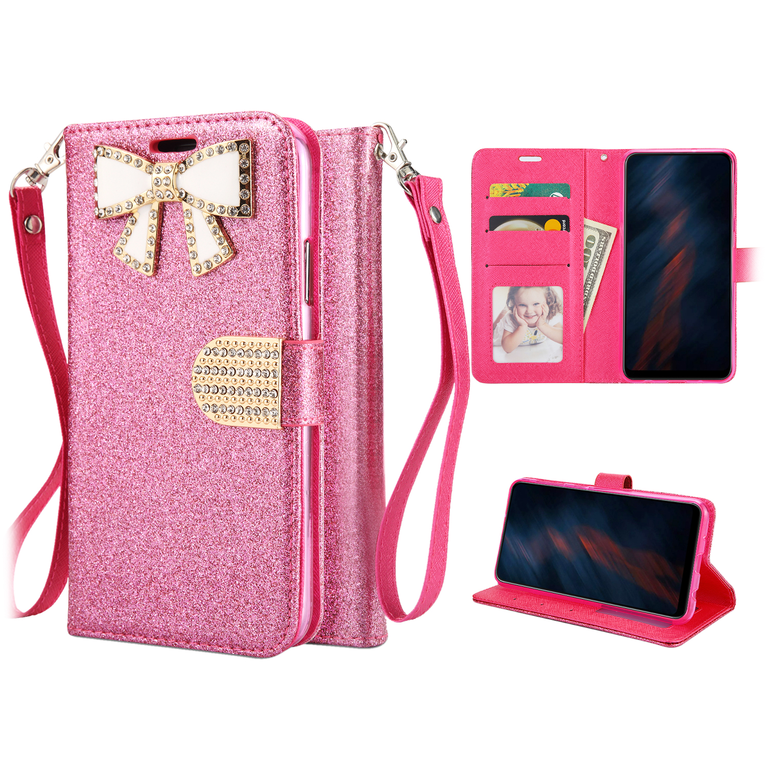 Ribbon Bow Crystal Diamond WALLET Case for Samsung Galaxy A10 (HotPink)